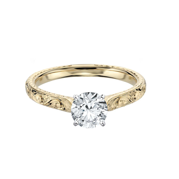 18k Yellow Gold Solitaire Hand Engraved Diamond Engagement Ring