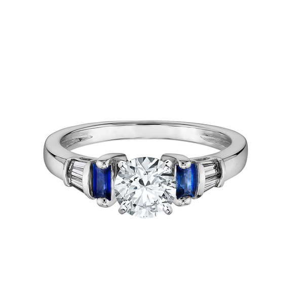 18k White Gold Deep Sapphire and Diamond Baguette-Cut Diamond Engagement Ring